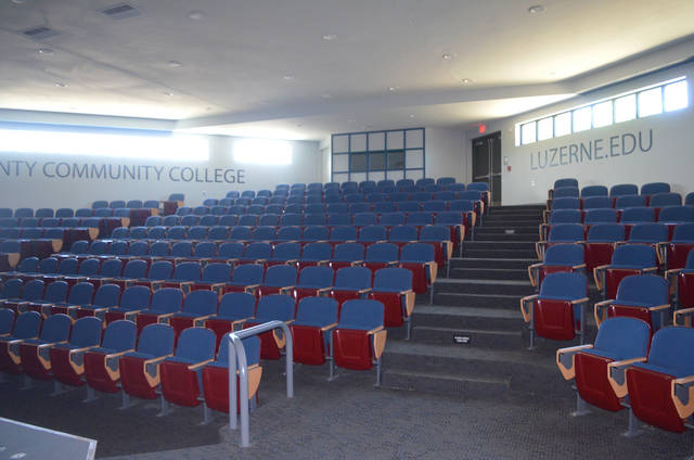 <p>An auditorium in LCCC’s Educational Conference Center, normally used for special events or gatherings, will become a regular classroom this fall because the size allows social distancing for students. Though not initially done in preparation of the classroom use, windows added during extensive renovations last year will add natural light to the student experience.</p>
<p>Mark Guydish | Times Leader</p>