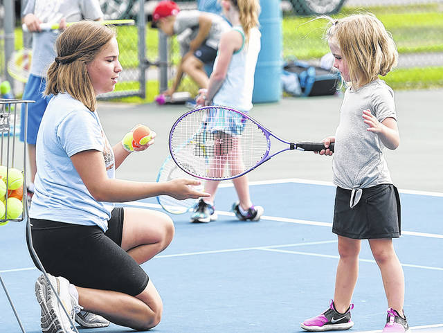 <p>Volunteer tennis instructor Kate Koss, left, instructs 5-year-old Cali Sincavage on how to hold a racket for a forehand stroke.</p>
<p>Tony Callaio | For Sunday Dispatch</p>