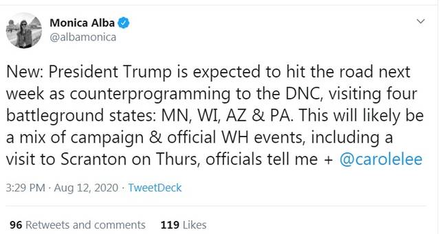 <p>This Tweet from NBC News political reporter Monica Alba indicates that President Donald Trump is planning to visit Scranton next week.</p>
<p>Via Twitter</p>