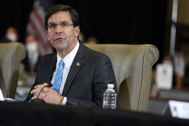 125615207_web1_125615207-38d797a173914e169c1a3a2ebf3fe237
FILE - In this July 10, 2020, file photo Defense Secretary Mark Esper speaks during a briefing on counternarcotics operations at U.S. Southern Command in Doral, Fla. Esper plans to fly nearly halfway around the world this week to tiny Palau, which no Pentagon chief has ever visited. (AP Photo/Evan Vucci, File)