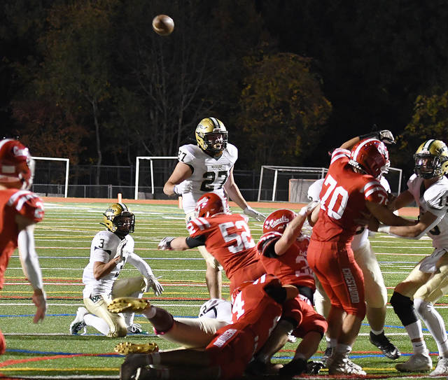 <p>Crestwood’s Cole Kakalecik (52) played a pivotal roll in the game against Wyoming Area by blocking an extra point kick in the second quarter. Crestwood was victorious over the Warriors 14-13.</p>
<p>Tony Callaio | For Times Leader</p>