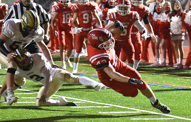 <p>Crestwood’s Jimmy Hawley (42) nearly scores a touchdown against Wyoming Area before stepping out of bounds at the 3-yard line in the third quarter Friday night. He scored on the next play.</p>
<p>Tony Callaio | For Times Leader</p>