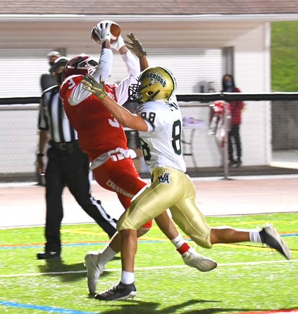 125803750_web1_thumbnail_WA-Crestwood-ftbl-2a
Crestwoods Ryan Petrosky (3) pulls down a 12-yard touchdown catch in the first quarter Friday night as Wyoming Areas Adam Sigman (88) defends.
Tony Callaio | For Times Leader