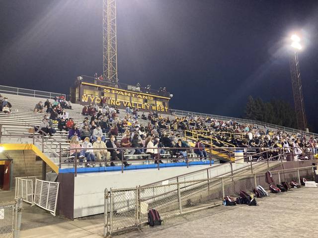 125806069_web1_WVW-crowd
A modest crowd is seen at Friday nights Wyoming Valley West football game at Spartan Stadium in Kingston. With Gov. Tom Wolfs increase on spectator limits at sporting events, more fans were allowed into the stadium this week.
Kevin Carroll | Times Leader