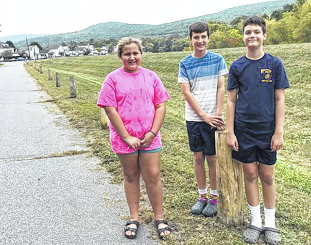 126030327_web1_Duryea-Post-Painting-1
Gianna Welkey, left, twins Ben, center, and Max Shupp, stand in front of safety posts needing attention. The three painted all 24 posts in 90 minutes with donated materials.
Submitted photo