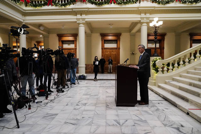 <p>Georgia Secretary of State Brad Raffensperger speaks during a news conference on Friday, Nov. 20, 2020, in Atlanta. Georgia’s top elections official said he will certify that Joe Biden won the state’s presidential election after a hand tally stemming from a mandatory audit affirmed the Democrat’s lead over Republican President Donald Trump. Raffensperger said during the news conference Friday that he believes the numbers his office has presented are correct. (AP Photo/Brynn Anderson)</p>