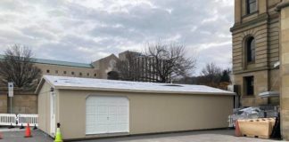 
			
				                                A new temporary pole barn structure was installed outside the rear entrance to the Luzerne County Courthouse in Wilkes-Barre last week to keep residents warm and spaced out in compliance with coronavirus restrictions as they wait to be admitted to the building for in-person services.
                                 Kevin Carroll | Times Leader

			
		
