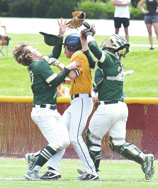 <p>Behind 6-4 against Wyoming Area, ELCO’s Riley Keppley (24) was called out in the bottom of the seventh inning after colliding with the Warriors catcher Jake Kelleher, who made the catch, and pitcher Hunter Lawall.</p>
<p>Tony Callaio | For Times Leader</p>