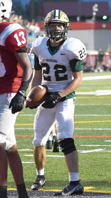 <p>Wyoming Area running back Leonardo Haros (22) scored from the 10-yard line putting the Warriors up 21-0 at halftime against Hazleton Area.</p>
<p>Tony Callaio | For Times Leader</p>