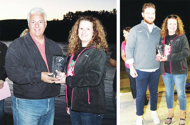 127617756_web1_PPP-Survivor-Awards-Recipients
Paint Pittston Pink honors cancer survivor Kara Martin each year by presenting the Survivor Award to recipients. Kara is shown presenting to Tony Callaio, left, the first recipient of the Survivor Award and Michael Burke, the 2019 recipient. Dr. Yvonne Galella was given the award in 2020 and the 2021 recipient is Melissa Manganiello Ostroskie.
Submitted photo