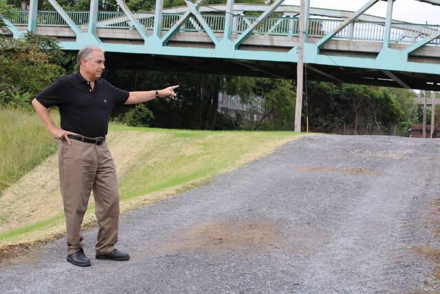 <p>With the Bridge Street Bridge in Plymouth at the rear, Luzerne County Flood Protection Authority Executive Director Christopher Belleman stands atop a section of the Wyoming Valley Levee recently filled in to eliminate the need for nearly 1,000 sandbags when the Susquehanna River rises.</p>
<p>Jennifer Learn-Andes |Times Leader</p>