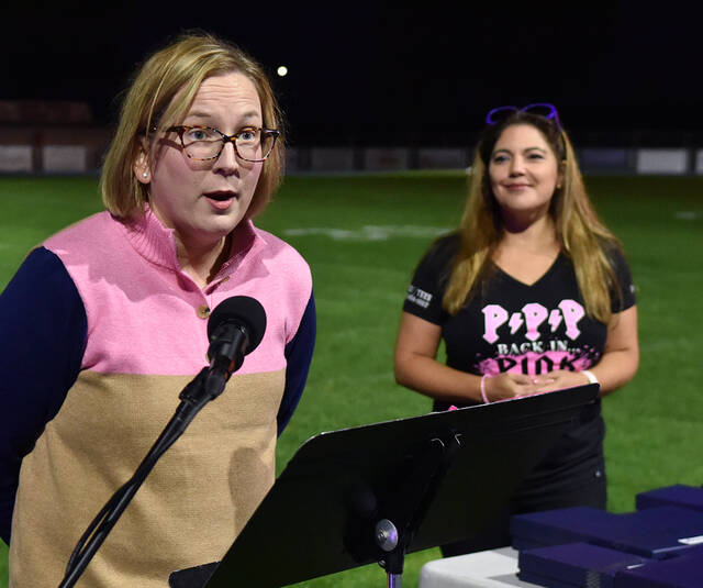 127659887_web1_PPP-2021-Awards-1
Paint Pittston Pink co-founders Barbara Sciandra, left, and Qiana Lehman, address a gathering of over 200 people for the annual Paint Pittston Pink Awards and Lantern Launch at Charley Trippi Stadium, Yatesville, Friday evening.
Tony Callaio | For Times Leader