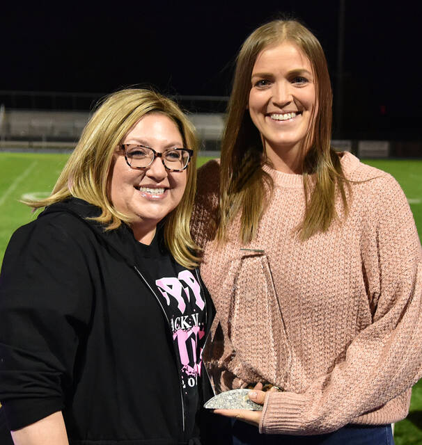 <p>Paint Pittston Pink Award for Courage for 2020 was Angela Harashinski, left. She’s was presented the award for the honoree of the award, Sara Mazzitelli, right. Due to the pandemic of 2020, Harashinski had to wait until this year to pick up her award.</p>
<p>Tony Callaio | For Times Leader</p>