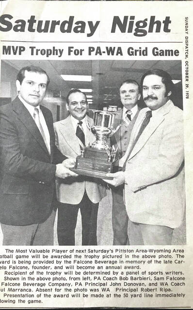 <p>Pictured is a newspaper clipping from a past awarding of the Carmello Falcone MVP Trophy.</p>
<p>Submitted photo</p>