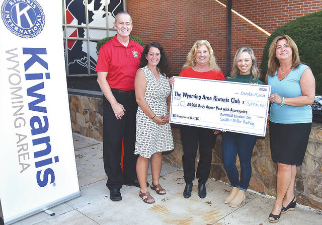<p>Members of the Rogo family representing their businesses, Northeast Window Inc. and Smith & Miller Roofing, when they donated $3,000 to the Wyoming Area Kiwanis Club (WAKC) Invest in a Vest program donating rifle-proof vests to Greater Pittston EMS members. Left to right are Michael Coolbaugh, WAKC board member, Tiffany Callaio WAKC president, Margaret Rogo, Northeast Window, Inc., Laura Rogo, Smith & Miller Roofing, Kim Zdrojesky, WAKC member.</p>
<p>Tony Callaio | For Sunday Dispatch</p>