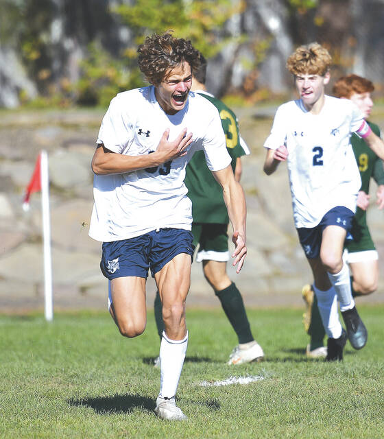 <p>Wyoming Seminary freshman Matthew Swartz (33) celebrates after scoring the first of his two goals for Wyoming Seminary in their overtime defeat of Wyoming Area to take the PIAA District II title.</p>
<p>Tony Callaio | For Times Leader </p>