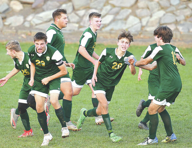 <p>Wyoming Area’s Kendall Heck (20) gets congratulated after scoring the tying goal knotting the game at 2-2 to send the game into overtime against Wyoming Seminary.</p>
<p>Tony Callaio | For Times Leader </p>
