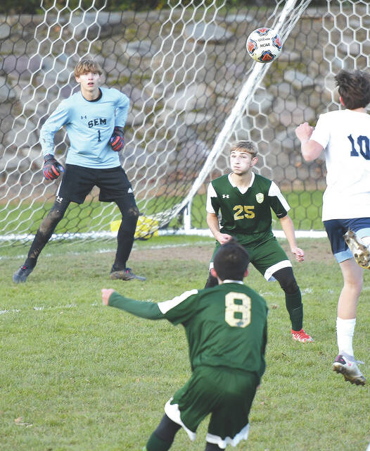 <p>Liam Burke (8) sends the ball to the net with a shot on goal that would send the Wyoming Area Warriors into the lead late in the second half against Wyoming Seminary.</p>
<p>Tony Callaio | For Times Leader </p>