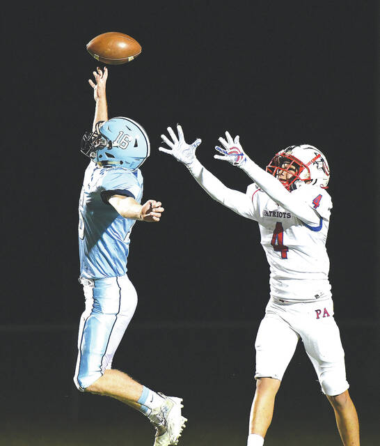 <p>Mountaineer David Girman (16) gets a fingertip on the pass attempt to Pittston Area’s Jake Delgaudio (4) to bust up the play.</p>
<p>Tony Callaio | For Times Leader </p>
