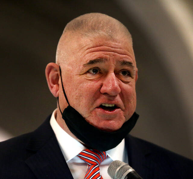 <p>New Luzerne County Councilman Brian Thornton offers closing comments during a swearing-in ceremony at the county courthouse Monday night.</p>
<p>Fred Adams|For Times Leader</p>