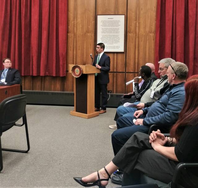 128236414_web1_bienias
Republican Carl Bienias III speaks Tuesday night after Luzerne County Council appointed him to fill a vacant council seat.
Jennifer Learn-Andes | Times Leader