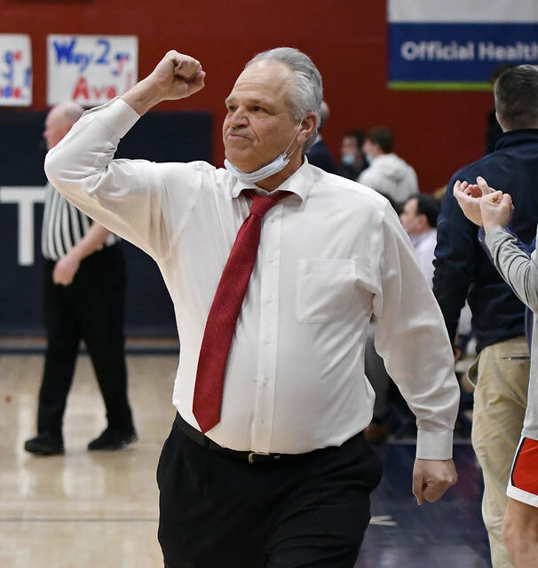 <p>Pittston Area head coach Al Semenza looks up at the scoreboard and clinches his fist with seconds left in the game as the Patriots defeated Abington Heights 43-36 in a District 2 Class 5A semifinal game Friday night.</p>
<p>Tony Callaio | For Times Leader</p>