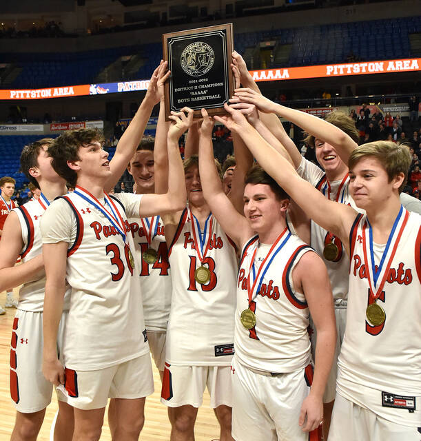 128270956_web1_PA-Hazleton-BBB-D2-5
The Pittston Area Patriots hoist up the District 2 Class 5A championship plaque Friday night after defeating North Pocono on Friday night. The district title was only the second in the programs history, with the other coming in 1978.
Tony Callaio | For Times Leader