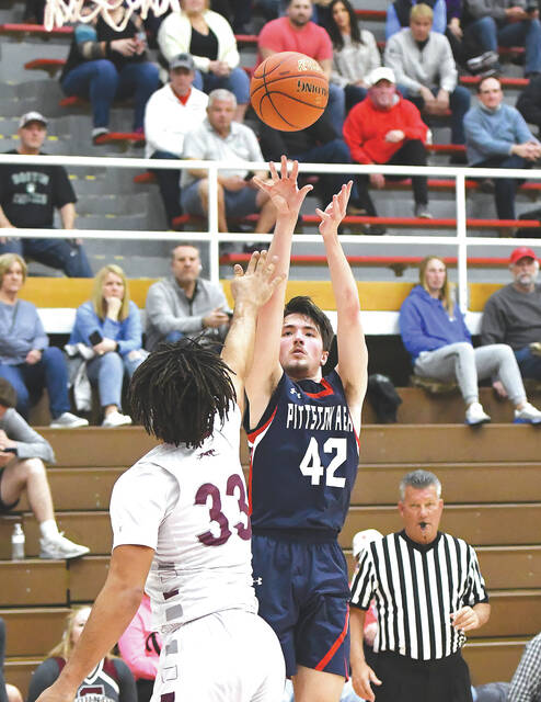 <p>The Patriots’ Dominic Jannuzzi (42) hits an outside shot for 2-pts. in first half action against Shippensburg High School.</p>
<p>Tony Callaio | For Times Leader</p>