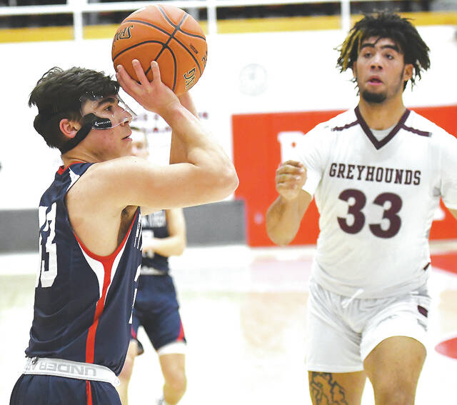 <p>The Patriots’ Anthony Cencetti tossed in two 3-pt. shots in the first half against Shippensburg Friday night at Martz Hall.</p>
<p>Tony Callaio | For Times Leader</p>