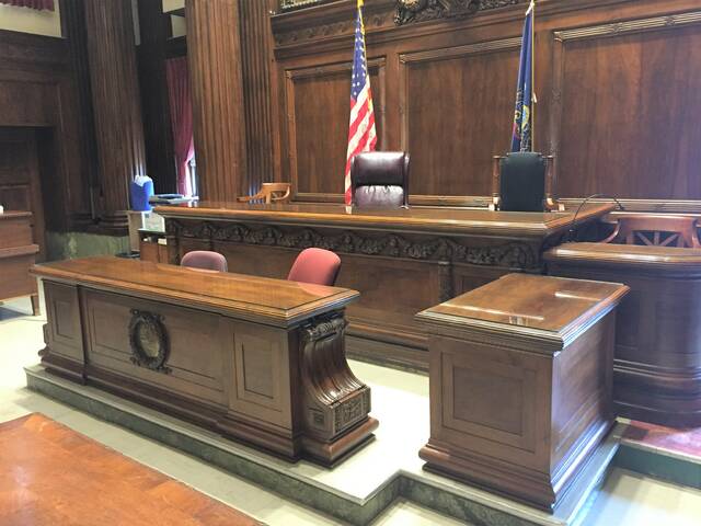 <p>This Luzerne County Courthouse judicial bench was restored as part of a test case during the last restoration project, and officials say work is needed in all four courtrooms on the third floor.</p>
<p>Photo courtesy of William McIntosh</p>