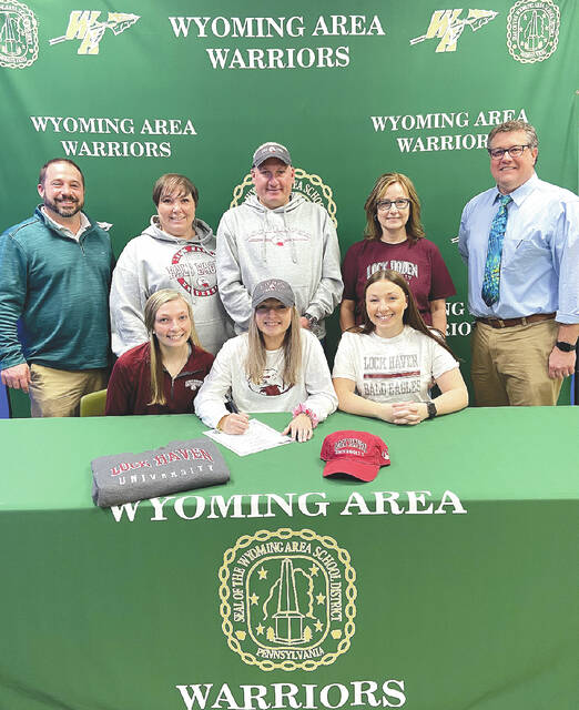 128322578_web1_BepplerCropped
Wyoming Areas Megan Beppler signed a National Letter of Intent to play NCAA Division I field hockey at Lock Haven University. Front row, from left: Morgan Beppler, sister; Megan Beppler; Madison Beppler, sister. Back, same order: Joe Pizano, Wyoming Area athletic director; Jennifer Beppler, stepmother; Stephen Beppler, father; Krista Beppler, mother; Dr. Jon Pollard, Wyoming Area principal.
Submitted Photo
