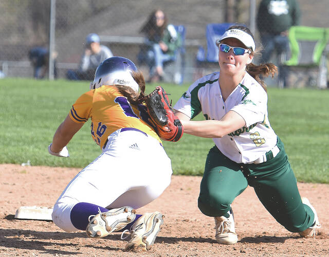<p>Warrior shortstop Olivia Allen (2) puts the tag on Prep’s Lia Festa (16) for an out.</p>
<p>Tony Callaio | For Sunday Dispatch</p>