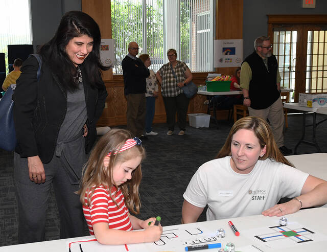 128506248_web1_Remake-Learning-Pittston-Lib-1
Executive Deputy Secretary of the Pennsylvania Department of Education Dr. Debora Carrera, left, watches as five-year-old Hailey Lane does color coating with ozobots at the Pittston Memorial Library to celebrate Remake Learning Days for Science, Technology, Engineering, and Math (STEM) education. Haileys mother, Jessica Lane, Pittston Memorial Library director looks on.
Tony Callaio | For Times Leader
