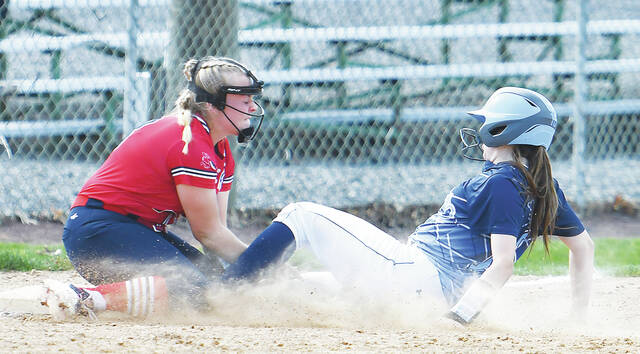 <p>Pittston Area third baseman Skylar Borthwick tags out Sophia Maier in the second inning Tuesday.</p>
<p>Tony Callaio | For Times Leader</p>