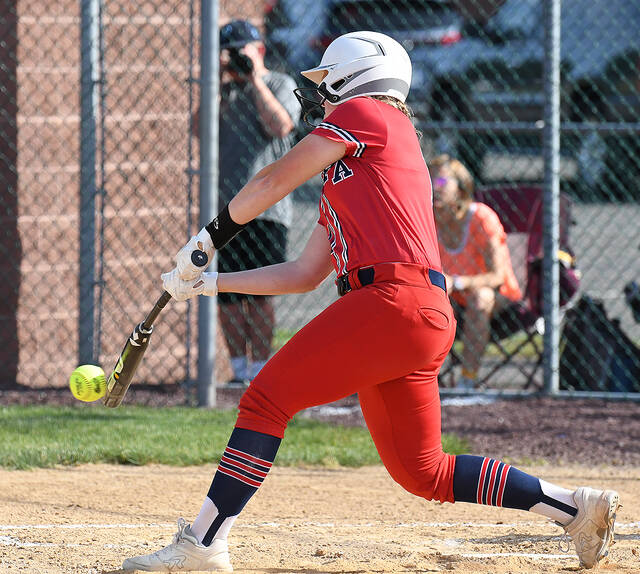 <p>The Patriots’ Marina Antal connects for a base hit in PIAA States playoff action at Hughestown on Monday.</p>
<p>Tony Callaio | For Times Leader</p>