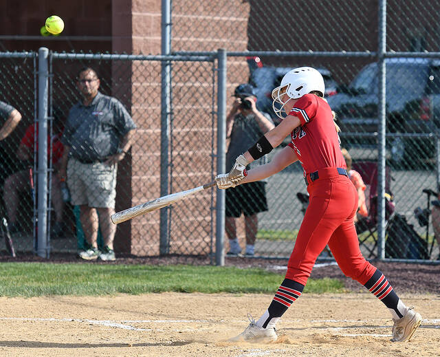 <p>Pittston Area centerfielder Kallie Booth makes contact grabbing two RBI off of her hit.</p>
<p>Tony Callaio | For Times Leader</p>