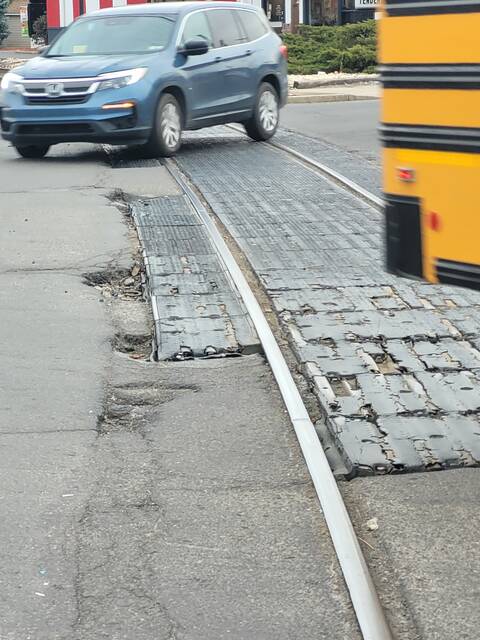 <p>This “before” photo shows the condition of the railroad crossing at the Sans Souci Parkway in Hanover Township, in the area of the intersection with Oxford Street, before repairs were recently completed through a partnership with the Luzerne County Redevelopment Authority, rail operator R.J. Corman and the township.</p>
<p>Submitted photo</p>