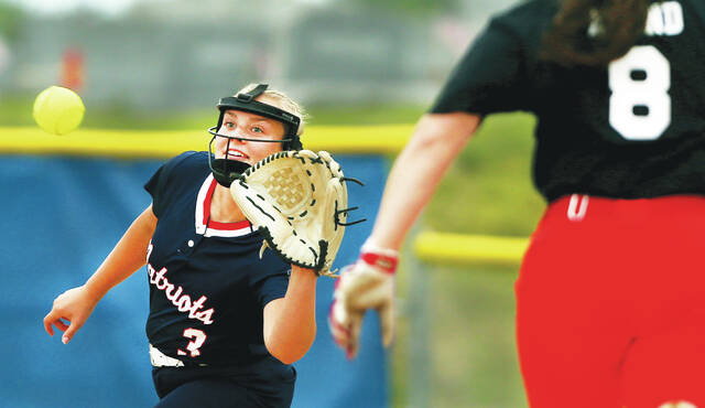 <p>Pittston’s Skylar Borthwick working first base for the East Allstars waits for the throw to put out West Allstars Stephanie Pollock from Crestwood in the fifth inning of the game played in Dallas at Misericordia University.</p>
<p>Fred Adams | For Times Leader</p>