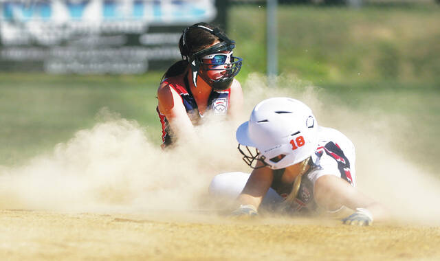 <p>Pittston Area shortstop Natalie McAndrew tags out Delaware’s Ella Austin attempting to steal in the first inning of a Little League 8-10 Softball Eastern Regional game Wednesday at the Mountain Top Little League.</p>
<p>Fred Adams | For Times Leader</p>