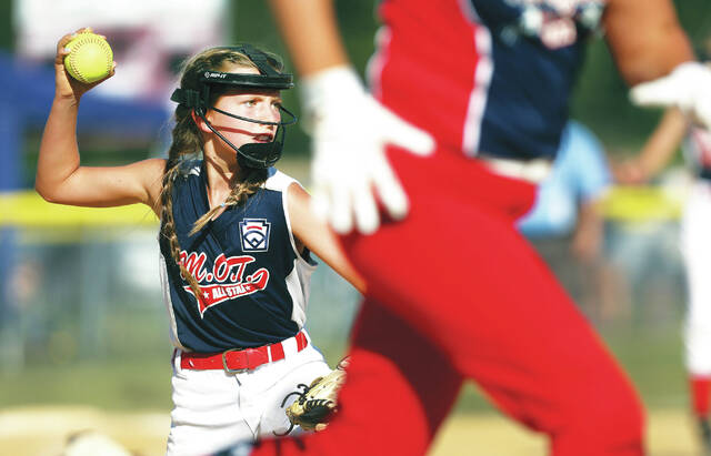 <p>Delaware pitcher Brynleigh Bennett makes a throw to first to retire Pittston Area’s Mika Fediw in the second inning of a Little League 8-10 Softball Eastern Regional game Wednesday at the Mountain Top Little League.</p>
<p>Fred Adams | For Times Leader</p>
