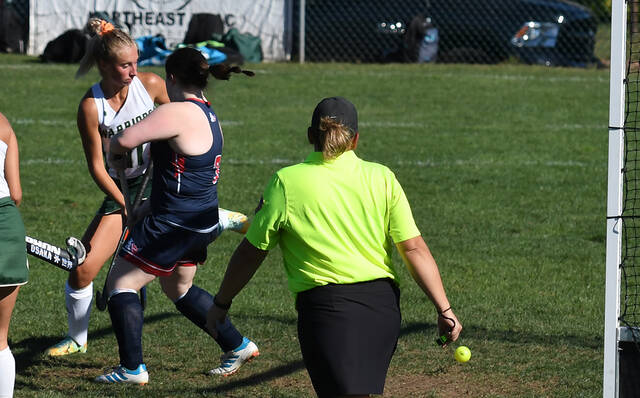 <p>The Warriors’ Alexys Moore (11), left, watches the ball get past Patriot Nora Philbin (7) for a Wyoming Area score.</p>
<p>Tony Callaio | For Sunday Dispatch</p>