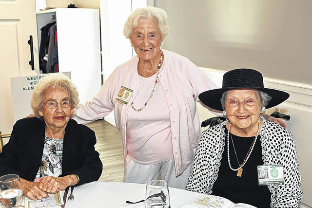 128895626_web1_WP-2022-Reunion-2
Syliva Barnes Richards, Class of 48, left, Joan Keim Pribula, Class of 48, and Helen Louise Krause Smith, Class of 49, were the earliest classmates attending the fifth all-class reunion.