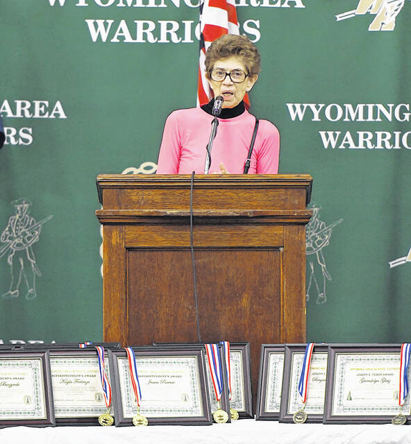 <p>Long-serving chair, Rosella Fedor, of the Wyoming Area Scholarship Program addresses the audience of a past Scholarship Celebration progam.</p>
<p>Tony Callaio file photo</p>