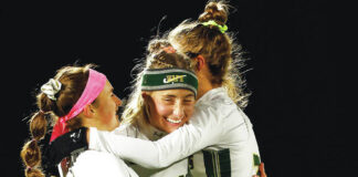 
			
				                                Wyoming Areas (from left) Nina Angeli, Alexys Moore and Lyla Rehill celebrate after the Warriors edged Oley Valley to reach Saturdays state championship game.
                                 Fred Adams | For Times Leader

			
		