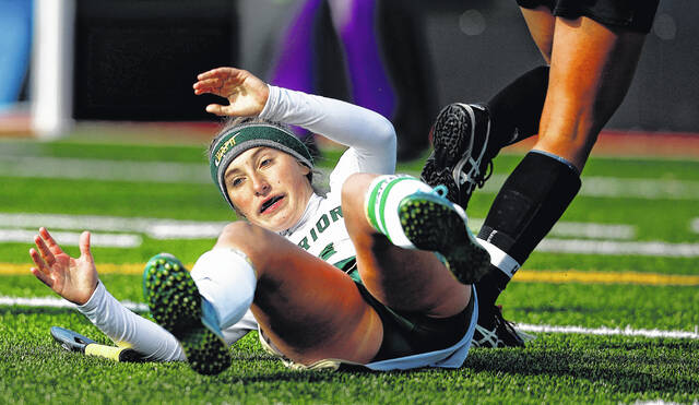 <p>Wyoming Area’s Alexys Moore falls to the turf after battling for the ball with a Boiling Springs player on Saturday.</p>
<p>Fred Adams | For Sunday Dispatch</p>