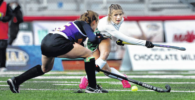 <p>Wyoming Area’s Alyvia Yatsko sends the ball past Boiling Springs’ Lexi Hanlin during the PIAA Class A State Championship Game held at Chamberland Valley High School in Mechansburg on Saturday afternoon.</p>
<p>Fred Adams | For Sunday Dispatch</p>