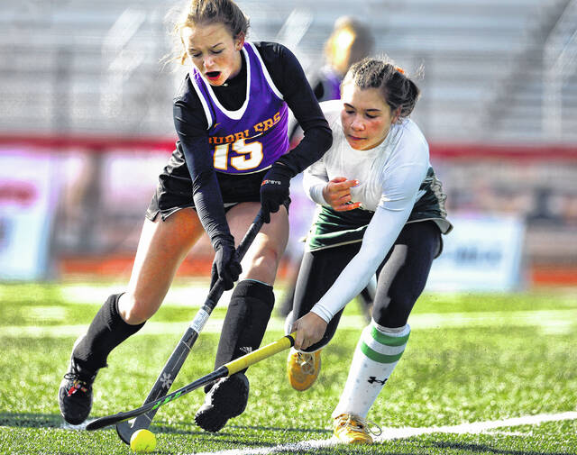 <p>Wyoming Area’s Bianca Pizano tries to take the control of the ball away from Boilong Springs’ Lexi Hanlin in the PIAA Class A field hockey championship game on Saturday in Mechanicsburg.</p>
<p>Fred Adams | For Sunday Dispatch</p>