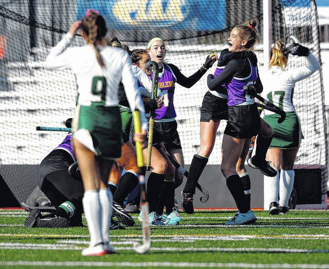 <p>Boiling Springs’ Regan Eickhoff (center right) scored the winning goal for the Bubblers in the fourth quarter against Wyoming Area in the PIAA Class A championship game on Saturday.</p>
<p>Fred Adams | For Sunday Dispatch</p>
