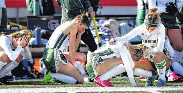 129105828_web1_wa_bs7_faa
Wyoming Area field hockey players react to the 1-0 loss to Boiling Springs in the state championship game on Saturday.
Fred Adams | For Sunday Dispatch