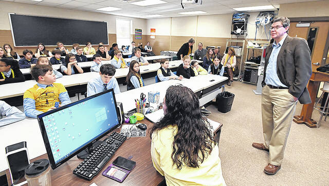 <p>Alan K. Stout, producer, writer and narrator of “Agnes: 50th Anniversary,” a documentary film on the 1972 flood that devasted Wyoming Valley, took questions from Wyoming Area Catholic sixth-, seventh- and eighth-grade students after viewing the movie.</p>
<p>Tony Callaio | For Sunday Dispatch</p>